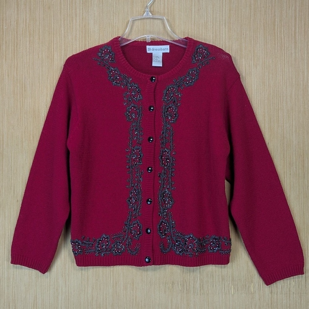 Beaded Floral Knit Cardigan Sweater Size L‎ Ramie Cotton Retro Holiday Festive